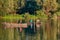 Novi Sad, Serbia - August 04, 2018: Danube island Å odroÅ¡ near Novi Sad, Serbia. Fishermans sitting in boat and holding fishing r